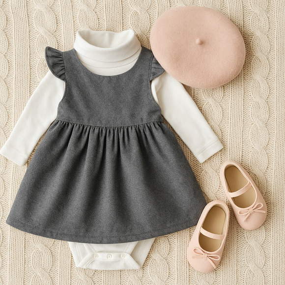 Jacadi Paris Baby Girls’ Pinafore Dress & Turtleneck Bodysuit | Size 6-9 Months - Picture 1 of 10